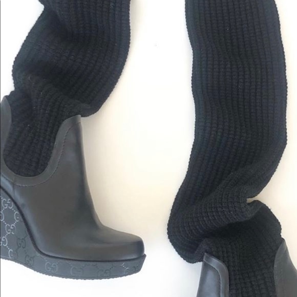 Gucci Black Leather Logo Knit Wool OTK Wedge Boots - Picture 2 of 9